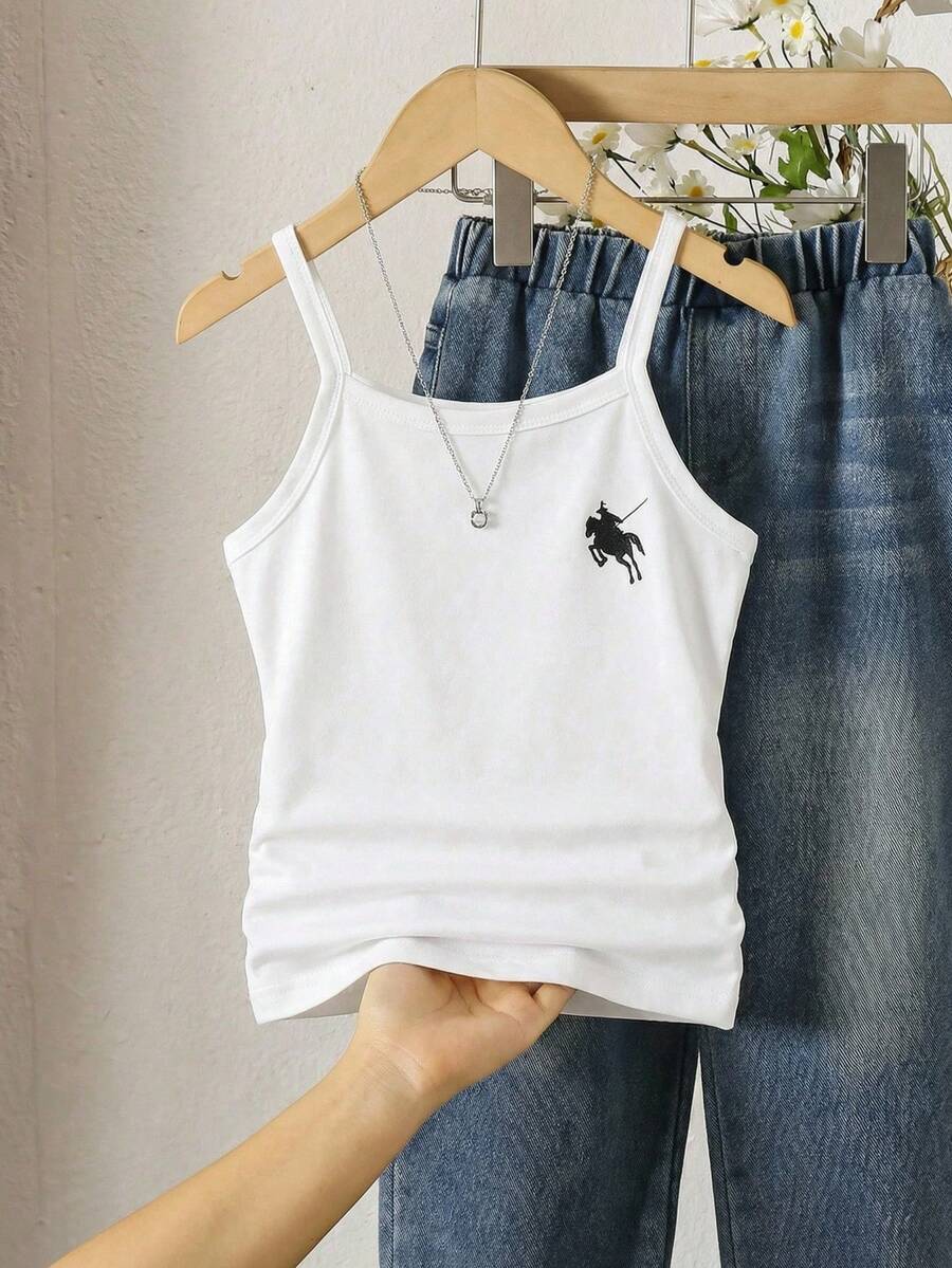 SHEIN 少女刺绣褶皱修身吊带背心 - 白色 - 查看 1