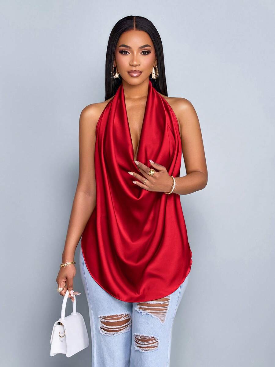 SOLERSUN Áo vest dệt vải dệt kim cổ chữ V sâu màu mơ bóng dành cho nữ mùa xuân và mùa hè, áo vest hở lưng, cổ bẻ, viền cong - Đỏ - Xem 1