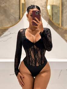 Slaydiva 2025秋冬季新年、情人节、派对、宴会、约会、生日派对、学院风、学生装、日常休闲、百搭基础款、休闲、邮轮旅行、爆款、优雅浪漫性感派对、性感、方领、蕾丝领口、收腰、黑色蕾丝、透视、紧身连体衣、秋冬连体衣、性感连体衣、女士连体衣 - 黑色 - 查看 3