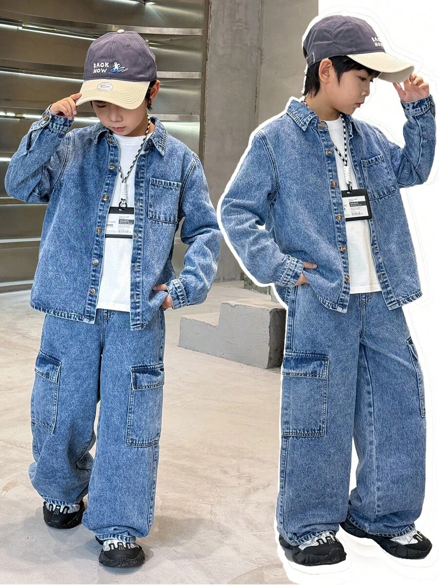 SHEIN 两件套男童时尚休闲Y2K复古酷炫街头返校学院风基础款简约舒适蓝色牛仔休闲长衬衫搭配舒适宽松牛仔裤，两件套童装，适合男童日常穿着，柔软舒适，也适合儿童秋冬季派对、节日和居家穿着，街头风校服，儿童牛仔套装，两件套牛仔套装，男童 - 藍色 - 查看 1