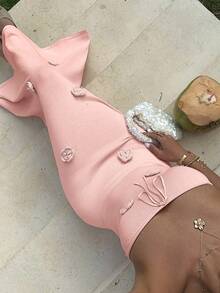 Sunnyshic 女士性感度假连衣裙，3D立体花卉设计，时尚休闲沙滩裙，夏季无肩带系带鱼尾裙摆，优雅派对装扮 - 粉色 - 查看 5