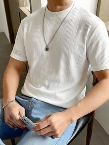 SWAVVY 男士字母贴布装饰圆领短袖T恤 男士休闲上衣 白色男士T恤 男士针织衫 男士夏季上衣 - 白色 - 查看 3