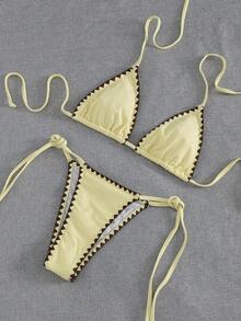 Bonvoyette 夏季度假女童纯色撞色贝壳刺绣荷叶边两件套比基尼套装 - 鵝黃色 - 查看 3