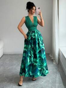 Elenzga 新款无袖梭织印花连衣裙，抽绳腰带设计，优雅度假风百搭女装 - 彩色 - 查看 7