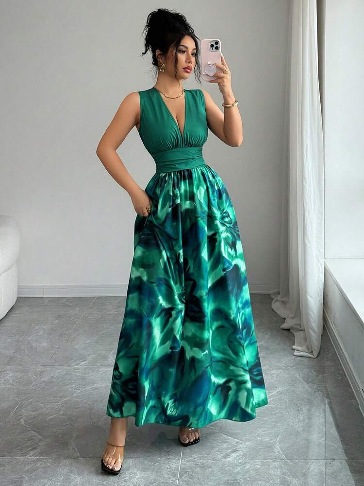 Elenzga Nuevo vestido sin mangas de tejido con estampado y diseño de cordón en la cintura, elegante y versátil estilo de vacaciones para mujeres - Multicolor - Añade 6