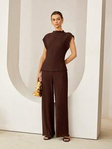 Lymera 女士休闲纹理竖条纹无领插肩袖上衣和阔腿裤套装，春夏款 - 咖啡棕 - 查看 3