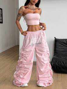 Coolane Conjunto de dos piezas de top tubo ajustado y pantalón ancho tipo jogger con estampado numérico, para mujer, de uso deportivo y casual de verano - Negro - Ver 5