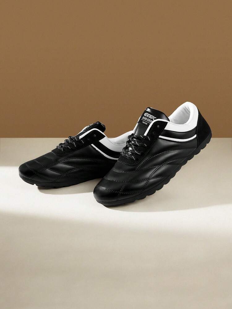 CUCCOO EASI Men's Casual Sports Shoes Lace-Up Flat Shoes, Glossy Leather Contrast Color Sneakers, Fashion All-Match Punk Style, Comfortable Durable Easy To Wear Office Shoes, Silver & Black