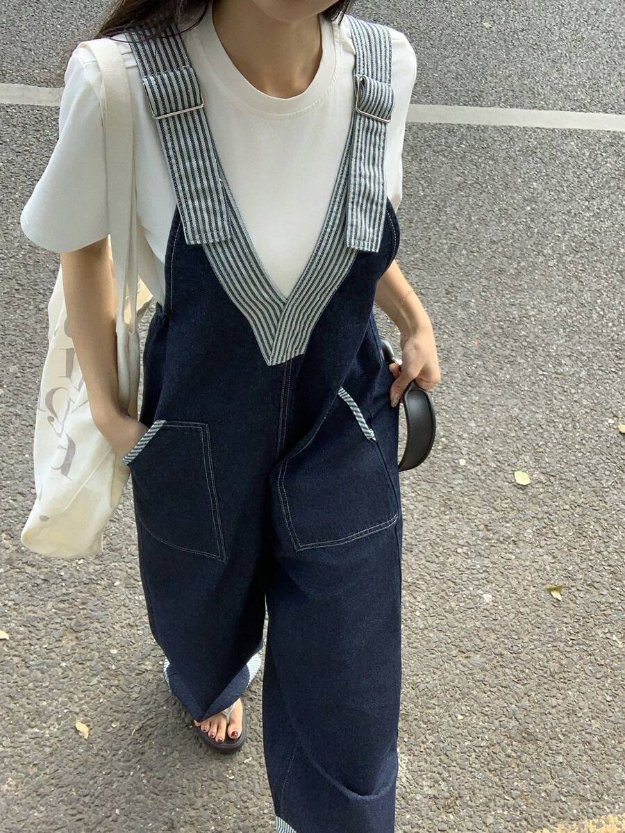 DAZY 女士深V领条纹吊带拼接无袖宽松休闲牛仔连体裤 - 深色水洗藍 - 查看 1