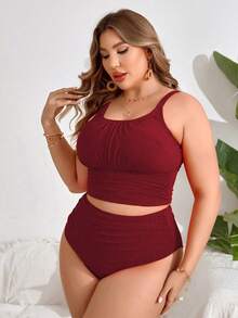 Swim Lushoire Boho Plus Size Burgundy Rib Knit Sleeveless Tankini Set With Ruched Bust Bandeau Top And Plain High Waisted Bottom - Burgundy - View 5