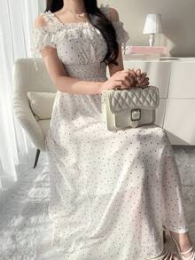 FRIFUL 女士波点薄纱褶皱腰部荷叶边露肩喇叭连衣裙，休闲百搭，适合春夏穿着 - 白色 - 查看 5