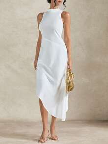 Briarwyn 夏季女士立领无袖纯色拼接腰部不对称下摆休闲连衣裙，女士夏季连衣裙，女士情人节服装，优雅派对连衣裙，白色连衣裙，夏季服装，夏季度假服装，女士春季服装，情人节，优雅派对连衣裙，优雅派对连衣裙，女士婚礼宾客连衣裙，白色连衣裙 - 白色 - 查看 6
