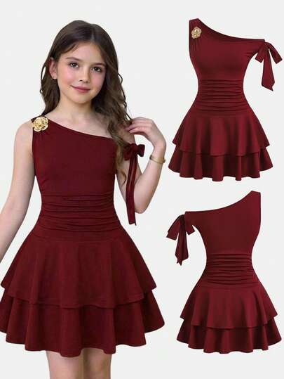 SHEIN Girlism Tween Girls Dresses Red Solid Color Metal Flower Decor Ruched Shoulder Ruched Hem Fashionable Dress