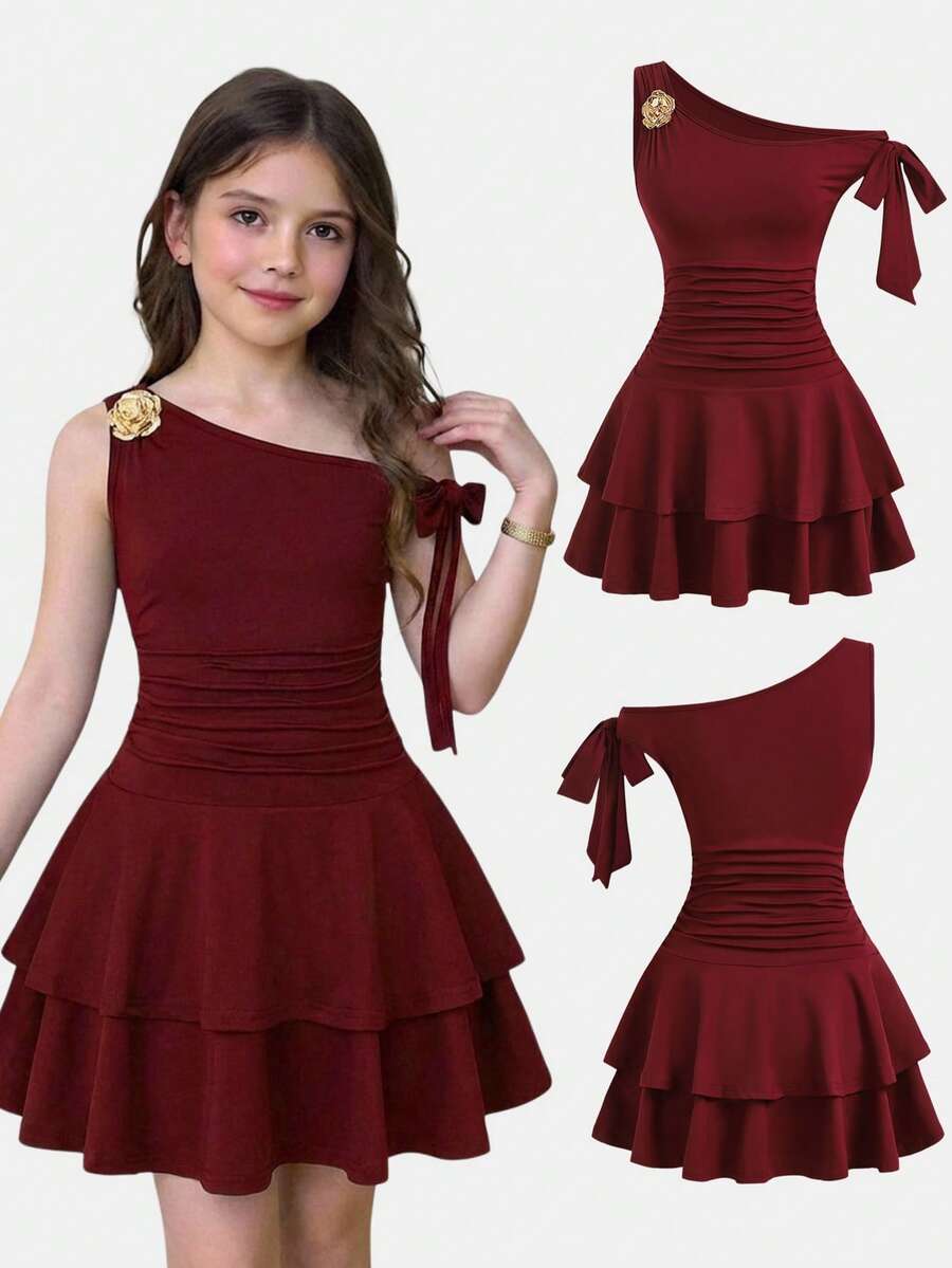 SHEIN Girlism Tween Girls Dresses Red Solid Color Metal Flower Decor Ruched Shoulder Ruched Hem Fashionable Dress - Hot Pink - View 1