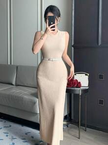 DAZY 女士优雅纯色无袖通勤连衣裙 - 米色 - 查看 6