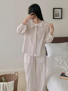 DAZY 2pcs Elegant Tie Bow Collar Striped Women Pajama Set, Autumn - Baby Pink - View 10
