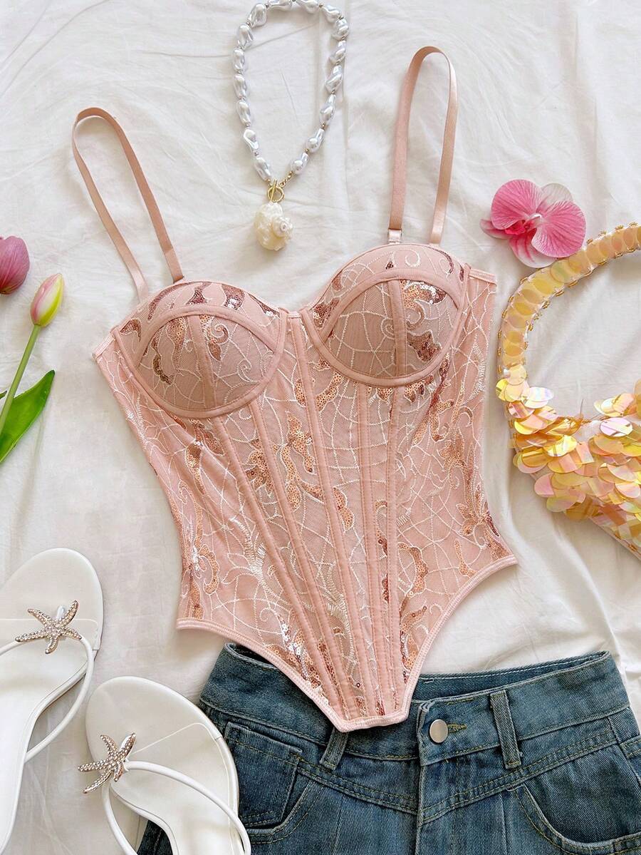 Soleia Áo corset ren hai lớp trễ vai gợi cảm kiểu Âu và Mỹ, ôm sát, thêu rỗng, màu mơ INS, trang phục dạ hội, váy dự tiệc và dự đám cưới cho nữ, mùa Thu/Đông - Nhiều màu - Xem 1