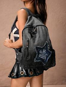 ROMWE Grunge Punk 女士户外牛仔背包大容量学生校园背包 - 黑色 - 查看 1