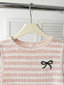 SHEIN Tween Girl Slim Fit Casual Minimalist Comfortable Round Neck Sleeveless Striped Bow Pattern Top And Pants Set Tween Girl - Pink - View 4