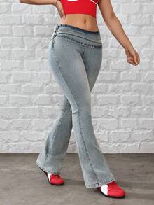 SHEIN Tall Women's Casual Versatile Bell-Bottom Jeans - Blue - View 6