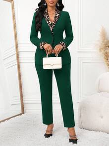 SHEIN Lady Women's Leopard Print Patchwork Blazer And Pants Suit In Fall/Winter - Dark Green - View 4
