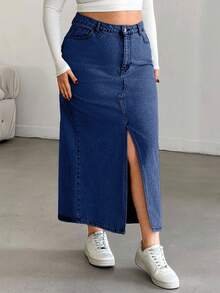 EURMUSE Plus High Waist Front Slit Denim Skirt - Medium Wash - View 6
