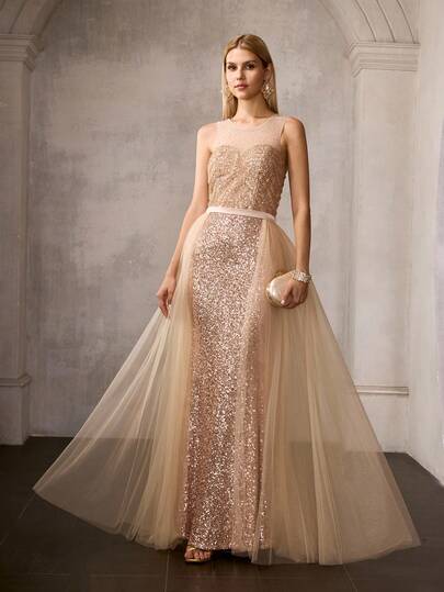 MOTF Soiréza ELEGANTE VESTIDO LARGO DE FIESTA DE COLOR CHAMPÁN PARA MUJERES, VESTIDO SIN MANGAS DE CUELLO REDONDO CON CUELLO ADORNADO CON diamante de imitación, TELA BRILLANTE CON LENTEJUELAS, PARA EVENTOS NOCTURNOS, FIESTAS FORMALES Y CELEBRACIONES DE AÑO NUEVO