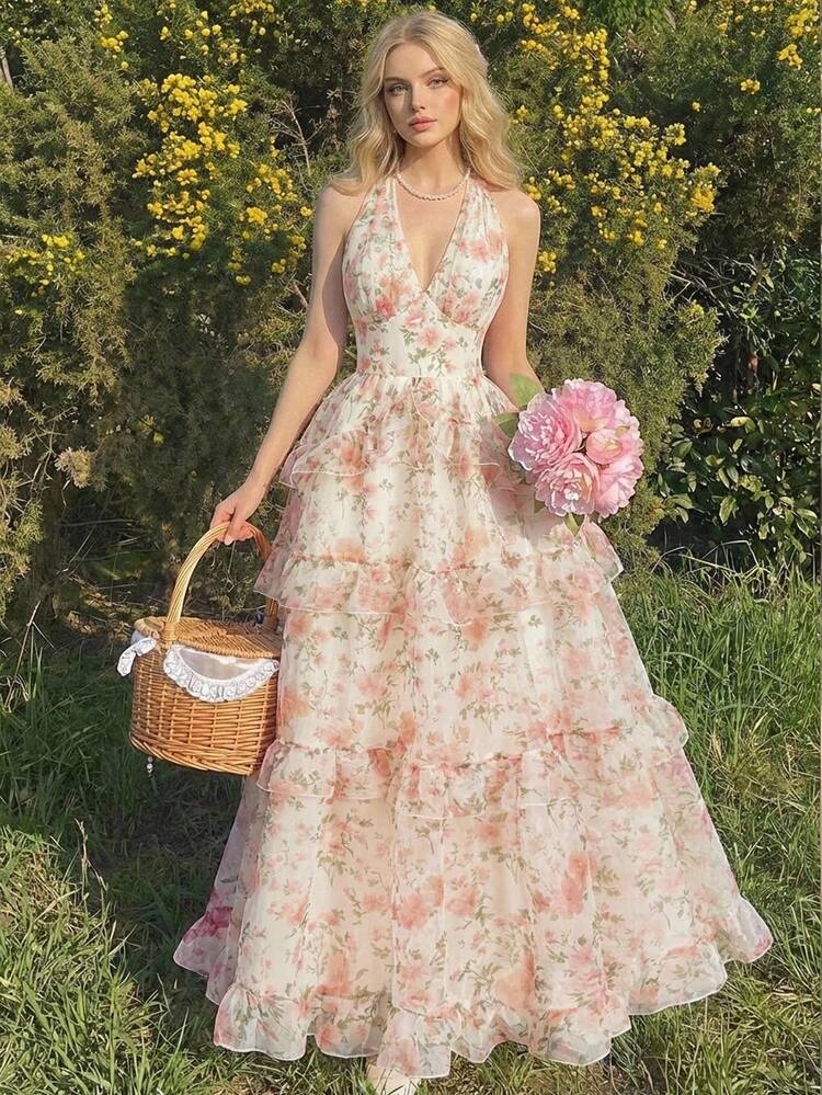 SHEIN MOD Abito elegante da donna con stampa floreale senza maniche - Multicolore - Visualizzare 3