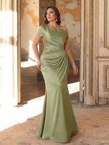 Aureia Đầm dạ hội dáng đuôi cá trễ vai sang trọng, thanh lịch bằng chất liệu satin, cỡ lớn, thích hợp cho đám cưới, tiệc tùng, kỳ nghỉ, dạ hội, hoặc làm đầm phù dâu. - màu xanh lá - Xem 6
