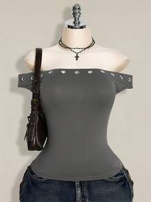 SHEIN ICON Blusa gris con acentos metálicos y hombros descubiertos para mujer de talla grande - Gris - Ver 1