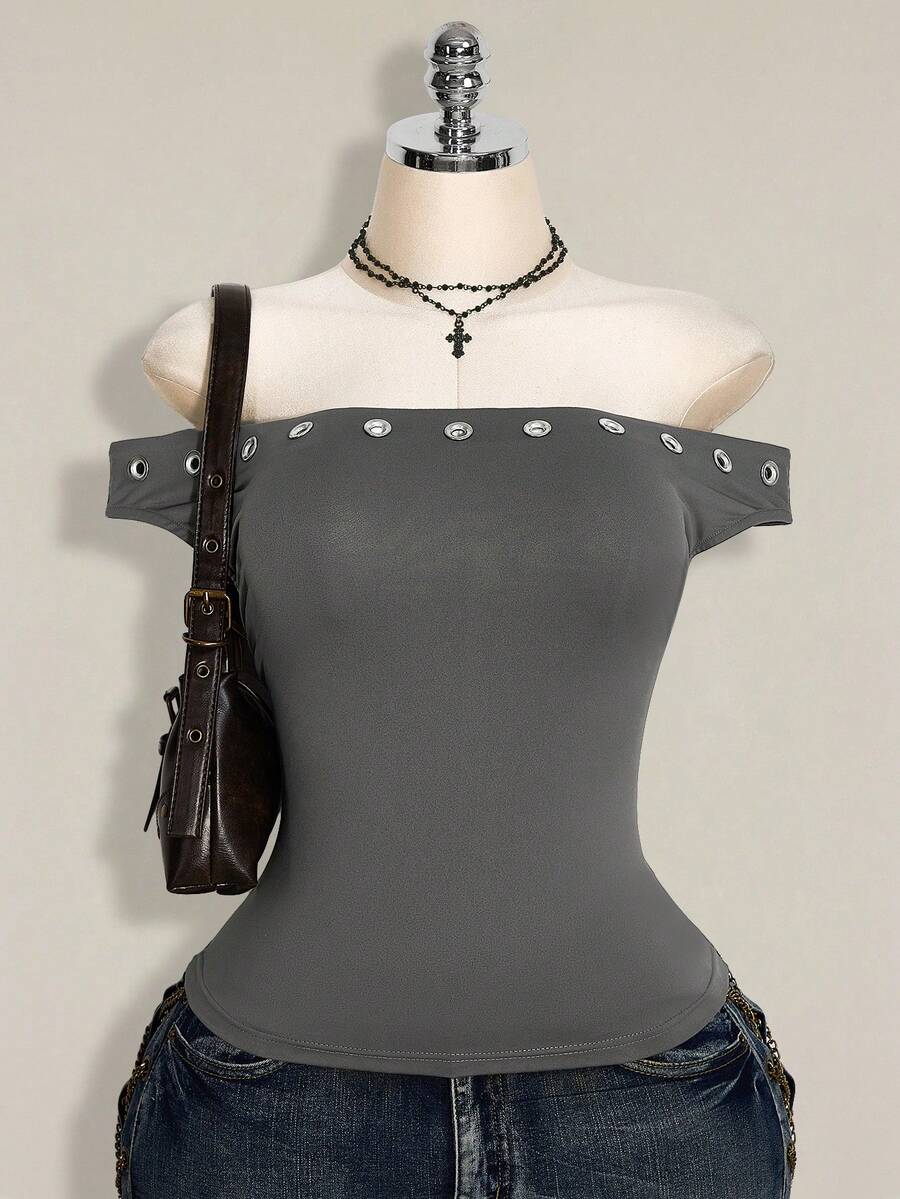 SHEIN ICON Blusa gris con acentos metálicos y hombros descubiertos para mujer de talla grande - Gris - Ver 1