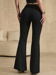 Slaydiva Pantalones vaqueros negros acampanados con diseño de cristales de degradado brillante, atuendo casual de verano para fiestas y vacaciones de verano para mujeres - Negro - Ver 2