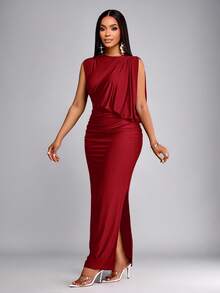 春夏女装派对通勤优雅棕色亮面针织面料无袖露肩不对称领口肩部褶裥臀部收褶修身性感H型下摆侧开衩长裙 - 紅色 - 查看 3