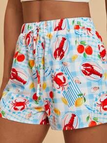 Travachic 女士腰带休闲度假龙虾印花短裤 - 藍色 - 查看 3
