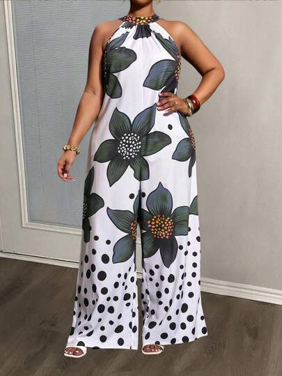 Veslaya Slayr Plus Size Geometric Print Sleeveless Wide Leg Jumpsuit, Casual Vacation Style