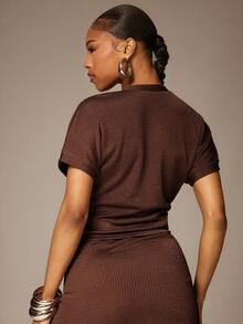 Denimoi Twist Front Low Neck Knitted Jacquard Top Vacation Tops Ibiza Sexy Tops - Coffee Brown - View 4