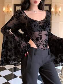 DAZY Women's Elegant Floral Print Flare Sleeve Jumpsuit, Spring/Summer - Black - View 1