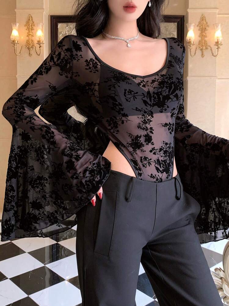 Women's Elegant Floral Print Flare Sleeve Bodysuit, Spring/Summer Bodysuits For Women