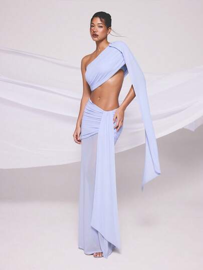 KIZN Vestido largo de noche formal y de cóctel con un hombro, asimétrico, de gasa semitransparente con detalle de drapeado en el hombro descubierto para mujer