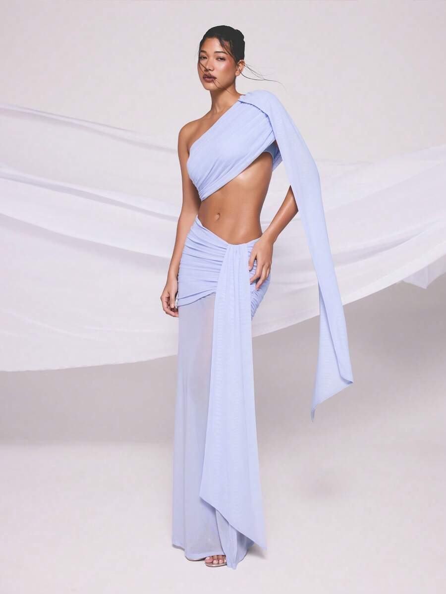 KIZN Vestido largo de noche formal y de cóctel con un hombro, asimétrico, de gasa semitransparente con detalle de drapeado en el hombro descubierto para mujer - Morado - Ver 1