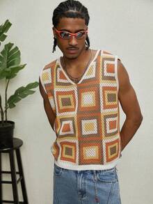 GALLERY FADE Chaleco de punto con patrón geométrico casual de vacaciones para hombres - Naranja - Ver 6