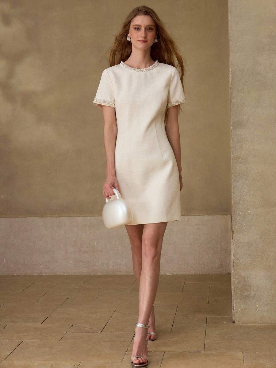 MOTF PREMIUM WOMEN'S FASHIONABLE DELICATE FAUX PEARL BEADED MINI DRESS - Apricot - View 1