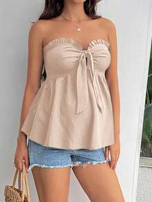 SHEIN Maternity Solid Color Frill Trim Front Tie Camisole Top - Apricot - View 3