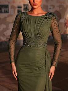 Elegant Luxury Pearl Rhinestone Design Sheer Long Sleeve Elastic Knit Ruched Mermaid Dress, Suitable For Wedding, Party, Vacation, Bride, Mother Of The Bride, Evening Gown - Army Green - View 6