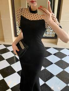 FRIFUL Women's Polka Dot Flocked Patchwork Heterogeneous Fabric Waist Cinched Ruffle Hem Long Sleeve Dress, Summer - Black - View 4