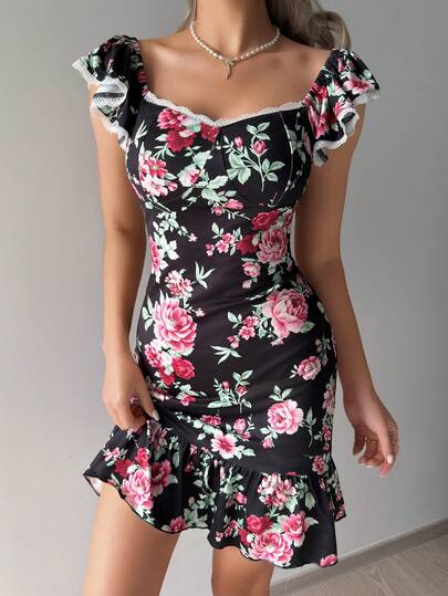 DAZY Floral Pattern Ruffle Hem Sleeveless Nightgown For Women, Summer