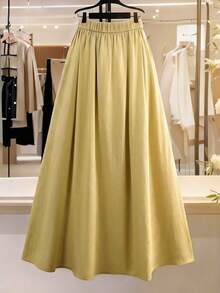 Franclia 大码女式纯色高腰褶裥A字长裙，优雅法式复古浪漫简约风格，适合办公室、通勤、商务、休闲、海滩、度假、街头风、下午茶、波西米亚风、中东风等场合，春夏新品上市 - 黃色 - 查看 2