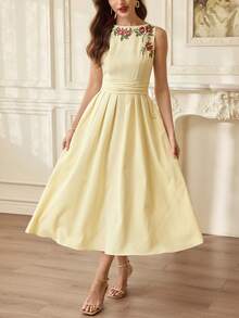 Vintamour Đầm nữ cổ điển thanh lịch, đầm xòe ôm sát cổ thuyền thêu họa tiết, màu vàng nhạt không tay, thích hợp cho mùa xuân/hè. - Màu vàng ngỗng - Xem 5