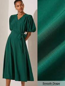 Lilora Damen einfarbiges Kleid mit V-Ausschnitt, kurzen Puffärmeln, Taillenbindung und eleganter Knielänge - Grün - Übersicht 3