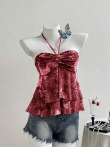 Breezaya Áo hai dây không dây in họa tiết thời trang dành cho nữ - Đỏ - Xem 5